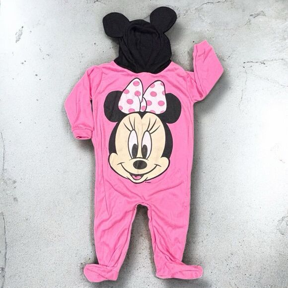 Vintage 80s 90s Disney Babies Minnie Mouse Pink Hooded Footie Sleeper Pajama 12M - Picture 1 of 9